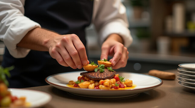 A stunning close-up artwork of a French master chef man's hands meticulously preparing a gourmet dish on a plate in a 5-star Michelin restaurant kitchen, full of detail.