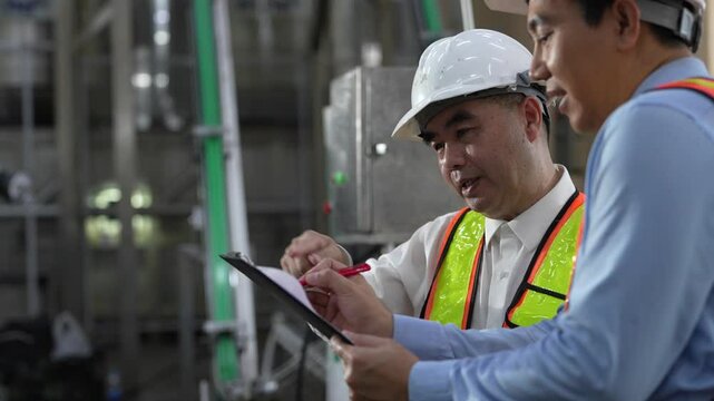engineer in safety helmets and vests inspecting control systems inside a clean, industrial food processing plant while discussing findings on a digital tablet.