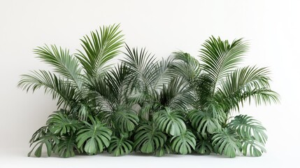 Obraz premium Lush green tropical foliage, palm leaves and monstera plants against a white background.