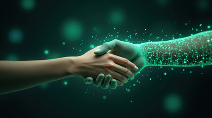 A striking artwork showing a handshake between an Asian woman's hand and a pixelated neon green digital hand, symbolizing human and artificial intelligence integration.

