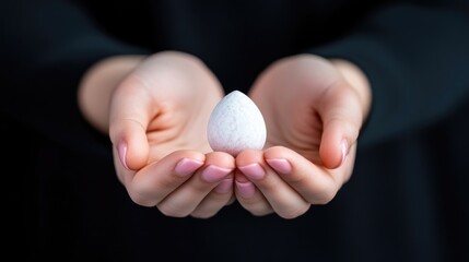 Small, white, oval object held gently in cupped hands