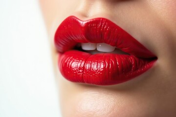Obraz premium Close-up vibrant red lipstick, pristine white backdrop, glossy, white, beauty