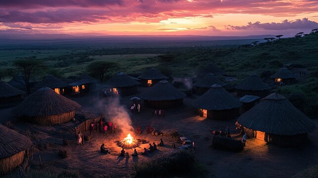 Sunset village, firelit gathering, thatched huts.