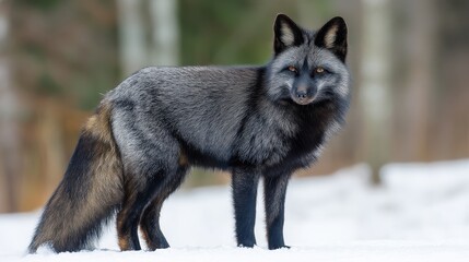 Melanistic Silver Fox (Vulpes vulpes) in Snowy Habitat: A Close-Up Encounter with Nature's Beauty