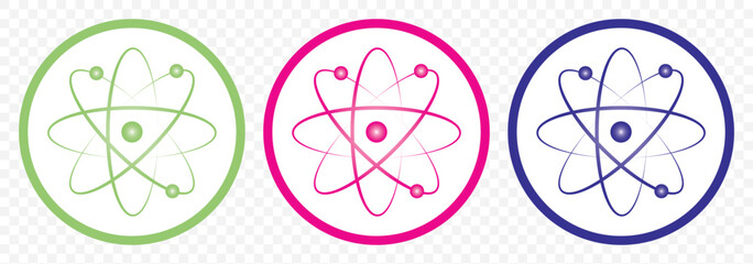 Colored atom icon. Vector illustration. Atom icon and Atom ways Set of 3. Atom icon in flat design. Set molecule symbol or atom symbol isolated on Transparent Background. EPS 10.