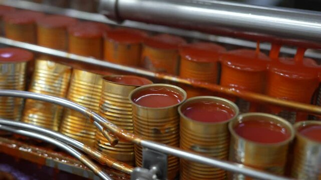 Automated conveyor system with tin cans in food processing plant. Industrial machinery for canned product manufacturing in a modern factory.