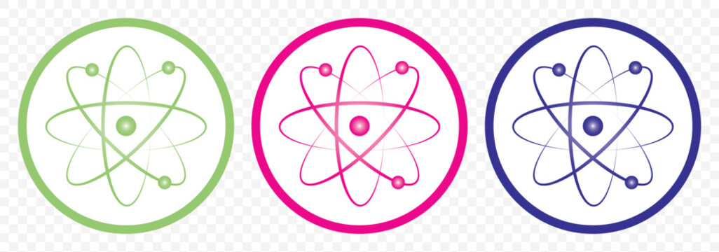 Colored atom icon. Vector illustration. Atom icon and Atom ways Set of 3. Atom icon in flat design. Set molecule symbol or atom symbol isolated on Transparent Background. EPS 10.