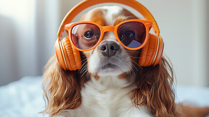 Stylish dog wearing orange sunglasses and headphones, exuding cool and relaxed vibe. This adorable pet captures attention with its unique look