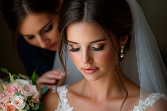 Bride and bridesmaid exchanging a loving glance, celebrating together on a beautiful wedding day.