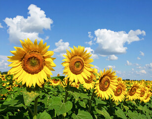 Fototapeta premium 日本の夏 太陽のようなひまわりの花畑と雲の多い青空 夏休み・季節・バカンス・旅行の背景 晴天の空 暑い季節