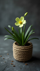 Obraz premium Minimalist Floral: Light Green Flower in a Rustic Jute Container