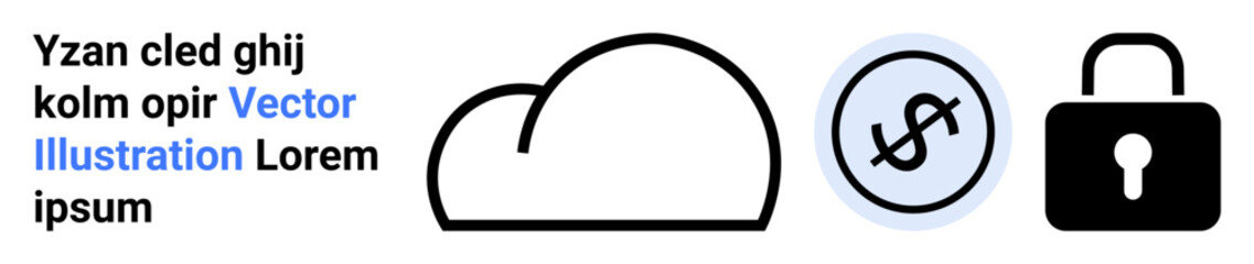 Cloud outline, dollar coin, and lock symbolizing storage services, online transactions, and cybersecurity. Ideal for finance, technology, business, data privacy digital safety e-commerce simple