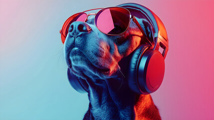Stylish dog wearing sunglasses and headphones, exuding cool and confident vibe in vibrant colors