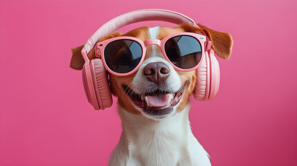 Cheerful dog wearing pink headphones and sunglasses against vibrant pink background, exuding fun and playful vibe