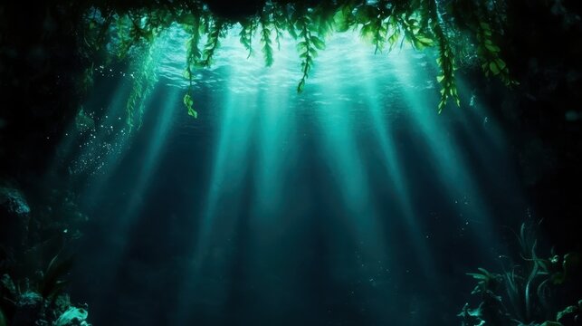 A captivating underwater view illuminated by shafts of light filtering through the surface, creating a mesmerizing atmosphere that suggests tranquility and depth beneath the waves.