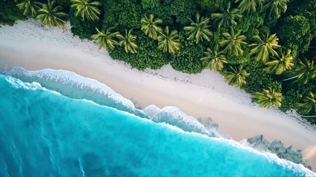 Cinematic DRONE shot , camera moves along the coast, beautiful beach, top down view, palm trees. 4k