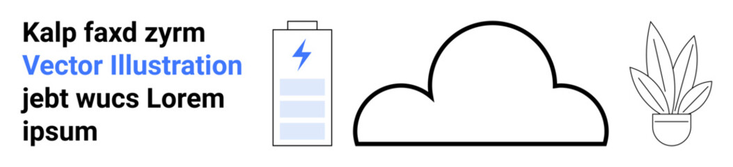 Cloud shape, battery with lightning icon, minimalist text, and potted plant. Ideal for technology, cloud computing, sustainability, environment, modern design energy flat landing page banner