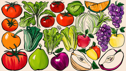 Hand-drawn set of fruits and vegetables, detailed vector illustration created manually