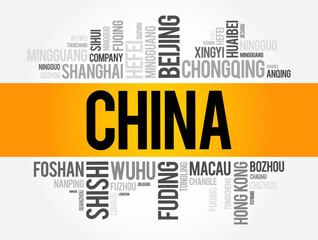List of cities in China, word cloud collage, travel concept background