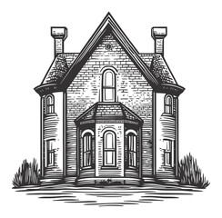 Vintage Woodcut Illustration of a Charming Architectural House Design