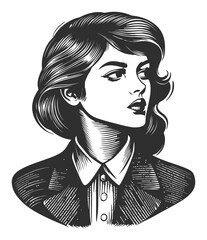 Vintage Woodcut Style Illustrated Portrait of a Young Woman