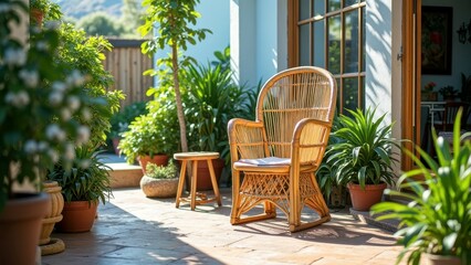 Fototapeta premium Serene sunlit patio with rattan chair and lush greenery
