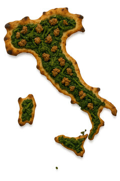 PNG cut out isolated background. A pizza shaped like the map of Italy, topped with saut&eacute;ed broccoli rabe and savory sausage crumbles.