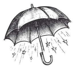 Vintage Woodcut Illustration of Umbrella with Raindrops and Stars