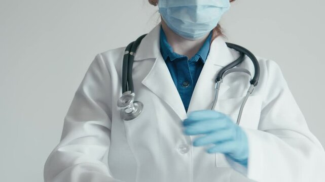 A dedicated healthcare professional in a white coat and sterile gloves adjusts her stethoscope, showcasing her readiness and commitment to providing excellent care in a clinical setting