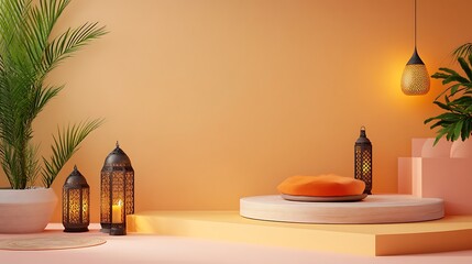 Ramadan Scene Orange Podium with Lanterns.