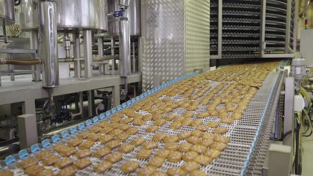 Freshly baked cookies travel on a conveyor belt, making their way through a food processing and packaging plant