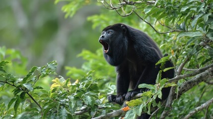 Obraz premium Grieving Howler Monkey: Black Alouatta Pigra Perched in Belizean Tree, Expressing Heartfelt Howls Amidst the Lush Jungle