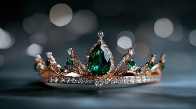 A stunning crown adorned with green emeralds and sparkling diamonds, beautifully crafted for elegance and royalty, perfect for high-end fashion or special occasions.