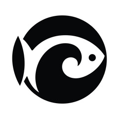 Simple Black and White Fish and Wave Logo, Clean Fish and Wave Monochrome Logo
