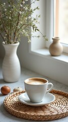 Calming morning coffee scene with cup on woven mat near window