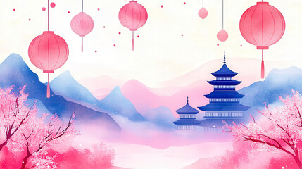 Pink lanterns and a pagoda in a watercolor landscape background
