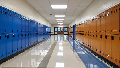 An empty long and clean school corridor during school break