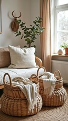 Cozy living room with wicker baskets and white throws by a window