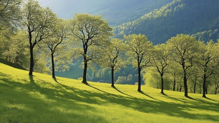 Fototapeta premium Springtime meadow with rows of trees casting long shadows.