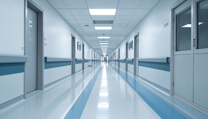 An empty sterile and cold lighted hospital corridor with some beds and doors