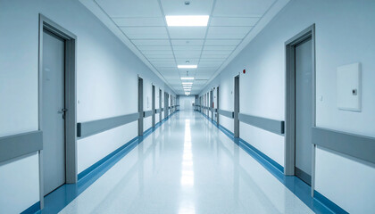 An empty sterile and cold lighted hospital corridor with some beds and doors