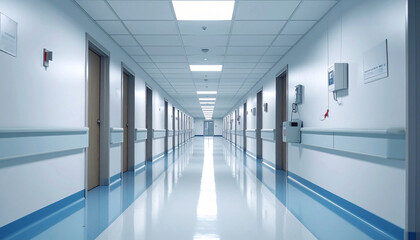 An empty sterile and cold lighted hospital corridor with some beds and doors