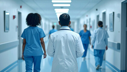 Doctors and nurses rushing through a white hospital corridor