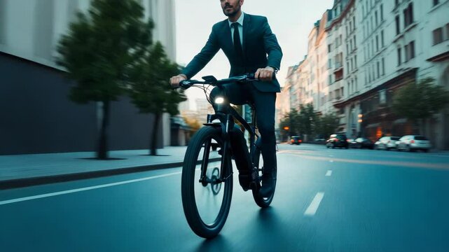 Businessman in a formal suit riding an electric bike on a vibrant city street during sunrise, symbolizing eco-conscious commuting, efficiency, modern sustainable urban lifestyle. Motion blur concept