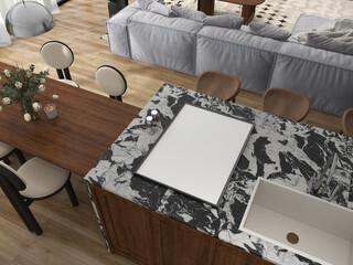 interior frame mockup on marble kitchen countertop, wood table and parquet floor. Empty poster mock-up un view, 3d render