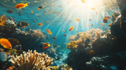Vibrant coral reef teeming with colorful fish, sunlit underwater scene.