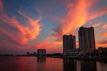 Fototapeta premium Vibrant Coastal Sunset Over Pensacola Skyline: A Colorful Evening in Florida with Cloud-filled Sky and Architectural Wonders