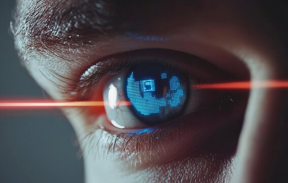 Close-up of an eye with a biometric scanner, a digital blue hologram, and a laser beam on a grey background. This is a SCSpot BloodExisting technology concept for identity performance control or facia