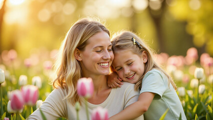Obraz premium Happy mother and daughter hugging in flower field