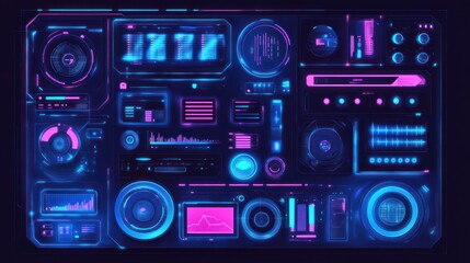 Obraz premium Futuristic neon blue and pink HUD interface elements.